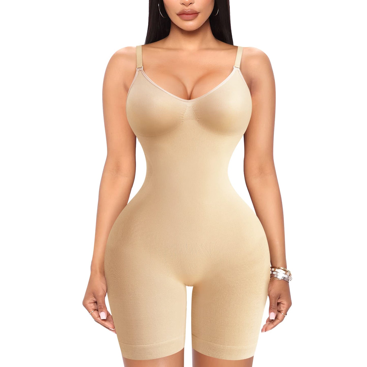 Women Seamless V Neck Bodysuit Tops Slim Fit Full Body Shaper Comfort Shapewear