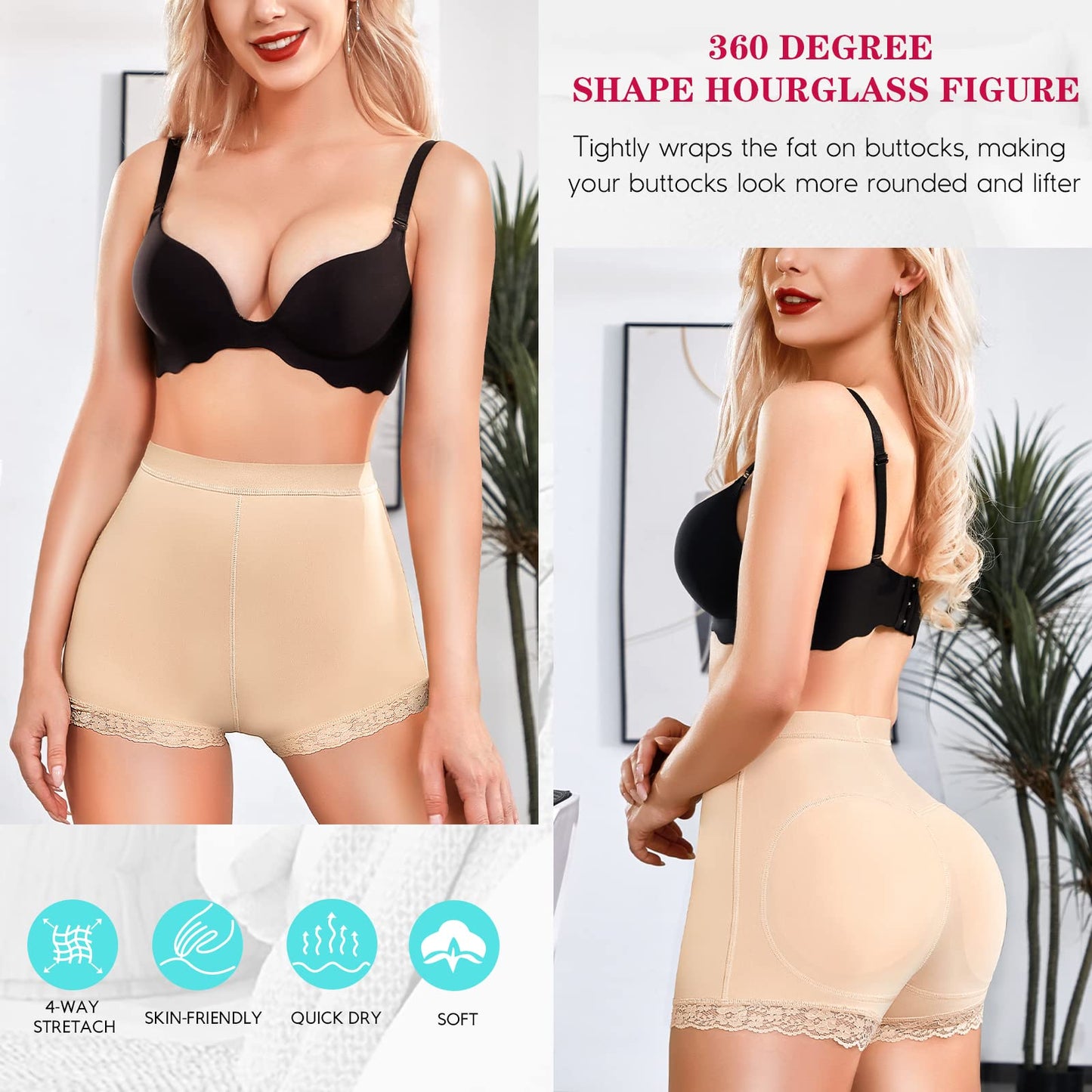 Womens Butt Lifter Padded Lace Panties Seamless Hip Enahncer Body Shaper Boyshort Underwear