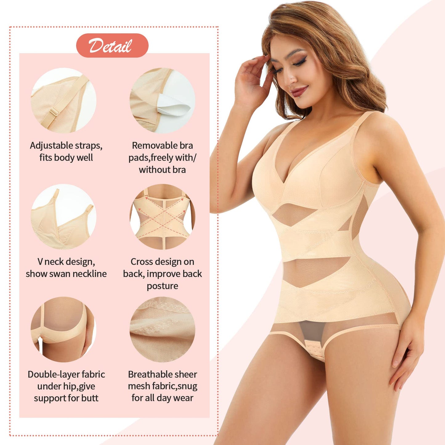 V Neck Bra Bodysuit Shapewear for Women Tummy Control Waist Trainer