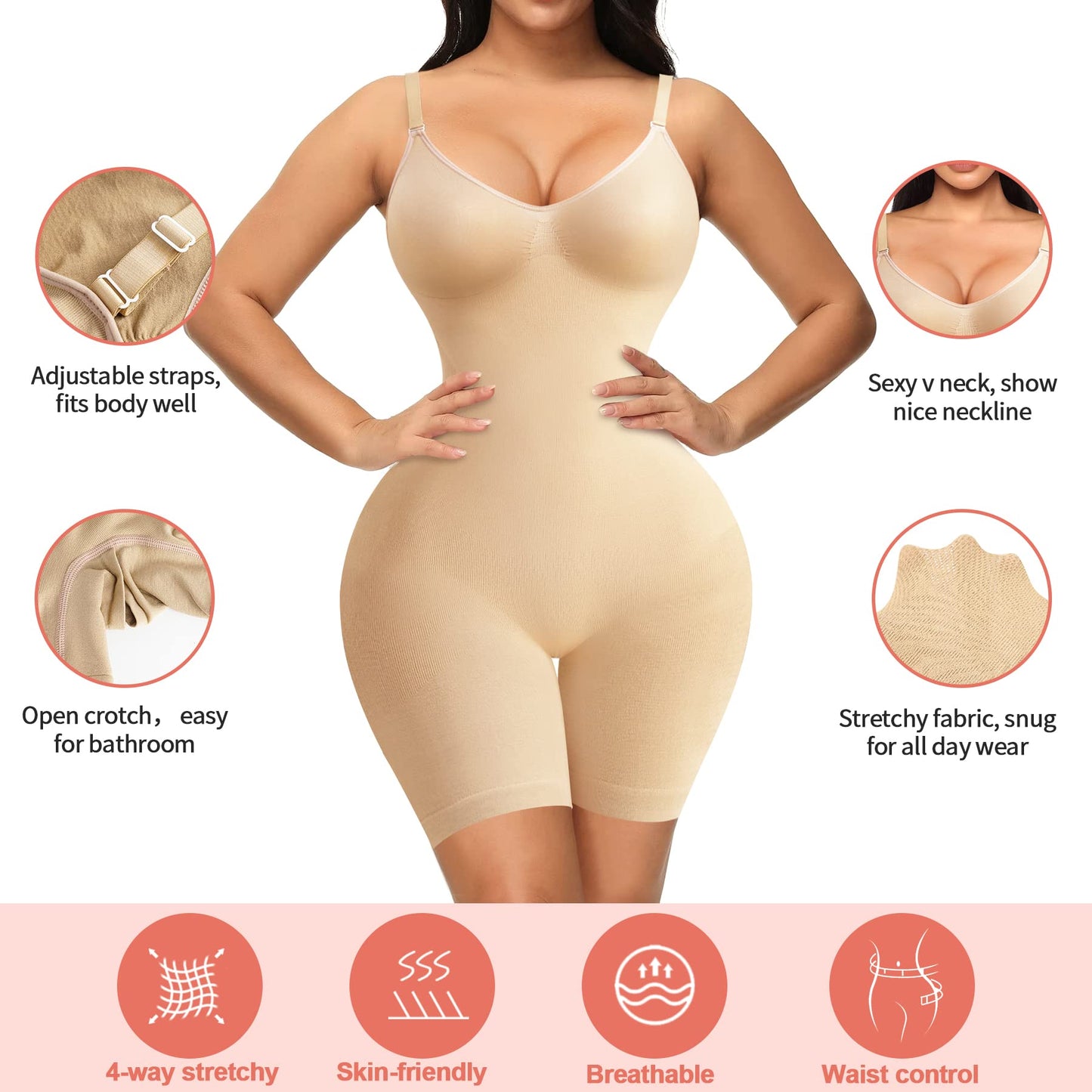 Women Seamless V Neck Bodysuit Tops Slim Fit Full Body Shaper Comfort Shapewear