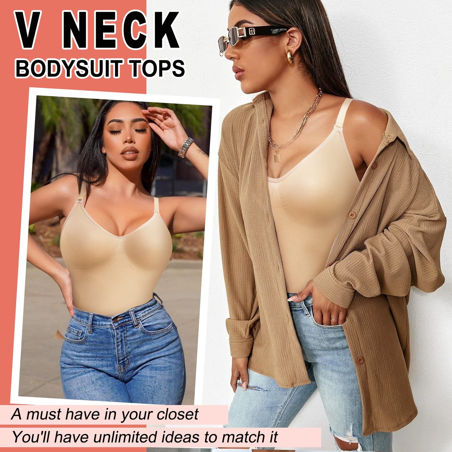 Women Seamless V Neck Bodysuit Tops Slim Fit Full Body Shaper Comfort Shapewear