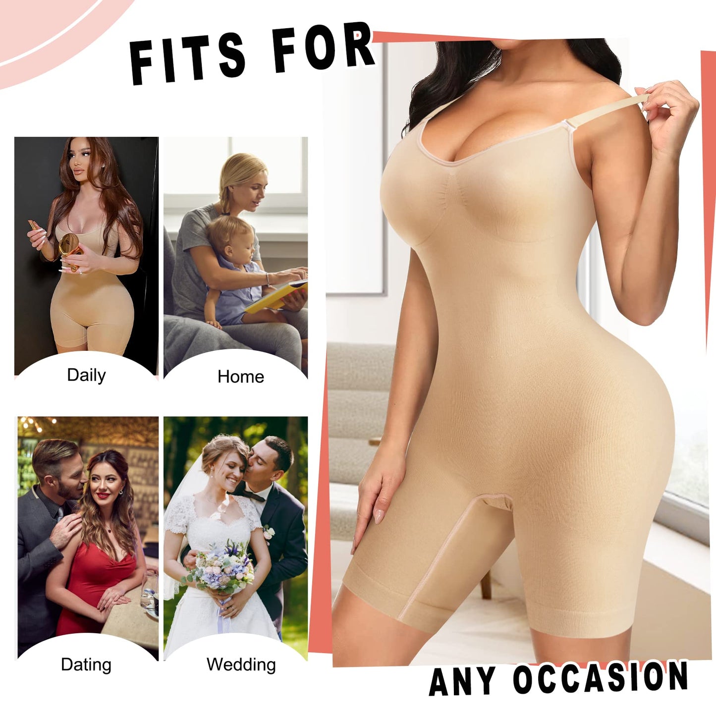 Women Seamless V Neck Bodysuit Tops Slim Fit Full Body Shaper Comfort Shapewear