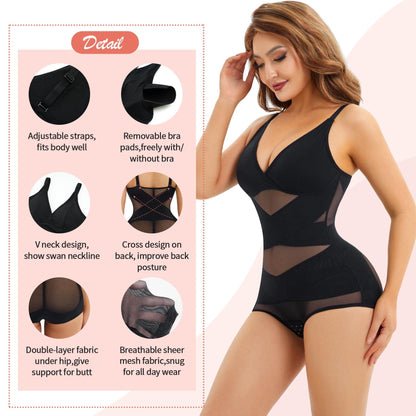 V Neck Bra Bodysuit Shapewear for Women Tummy Control Waist Trainer