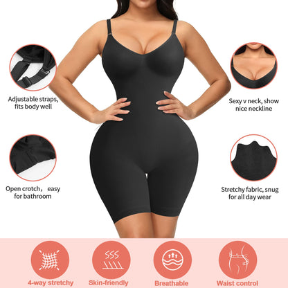 Women Seamless V Neck Bodysuit Tops Slim Fit Full Body Shaper Comfort Shapewear