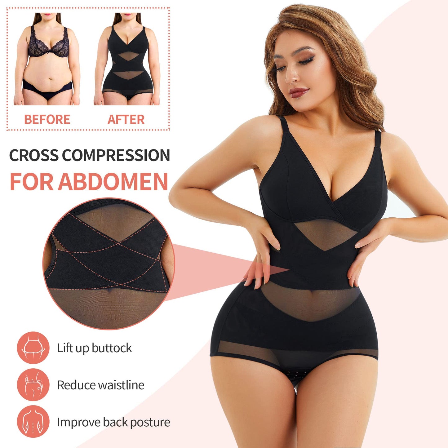 V Neck Bra Bodysuit Shapewear for Women Tummy Control Waist Trainer