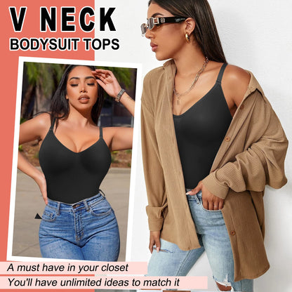 Women Seamless V Neck Bodysuit Tops Slim Fit Full Body Shaper Comfort Shapewear