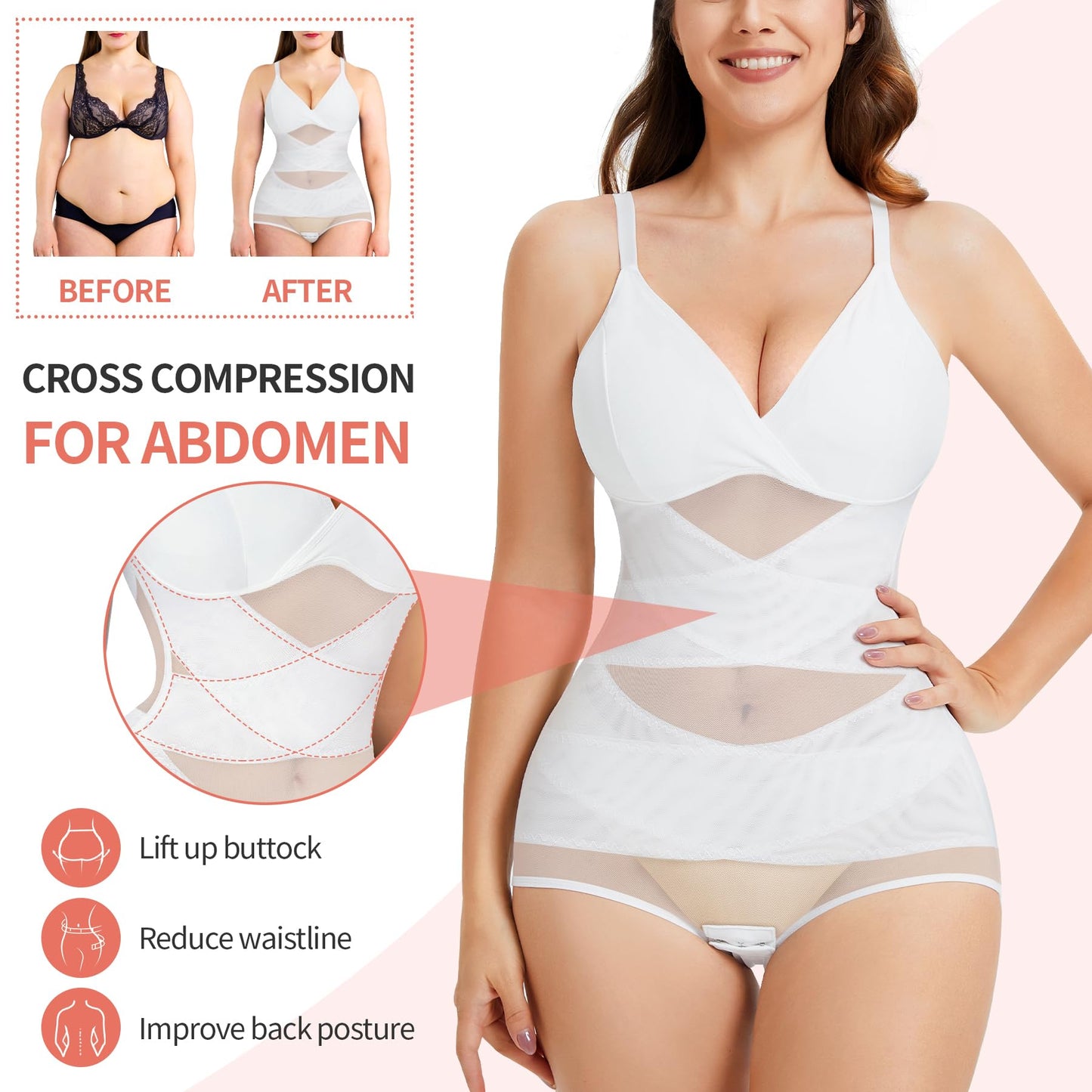 V Neck Bra Bodysuit Shapewear for Women Tummy Control Waist Trainer